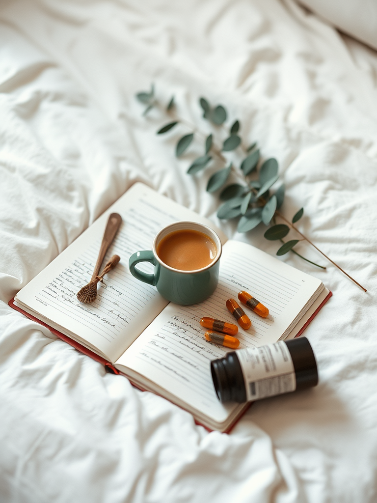 clean en moderne flat lay op een wit bed of minimalistisch houten oppervlak, zonder kledingstukken, lifestyle-elementen: keramische beker matcha of iced coffee, open wellness journal met handgeschreven notities, strak flesje vitamines of supplementen, zacht natuurlijk licht, subtiele schaduwen, Pinterest-waardige compositie, minimal en elegant, sfeer van een Instagram influencer feed