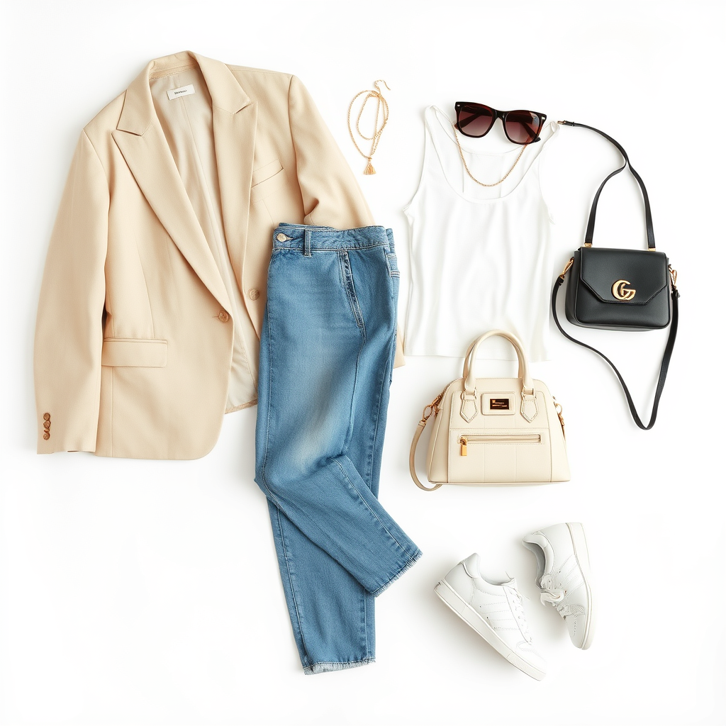 clean, minimalist collage of fashionable clothing and accessories on a pure white background, including a neutral blazer, classic blue jeans, white tank top, gold layered jewelry, sunglasses, a designer handbag, and white sneakers, each spaced evenly with soft shadows, chic and feminine, Pinterest-ready fashion mood board style